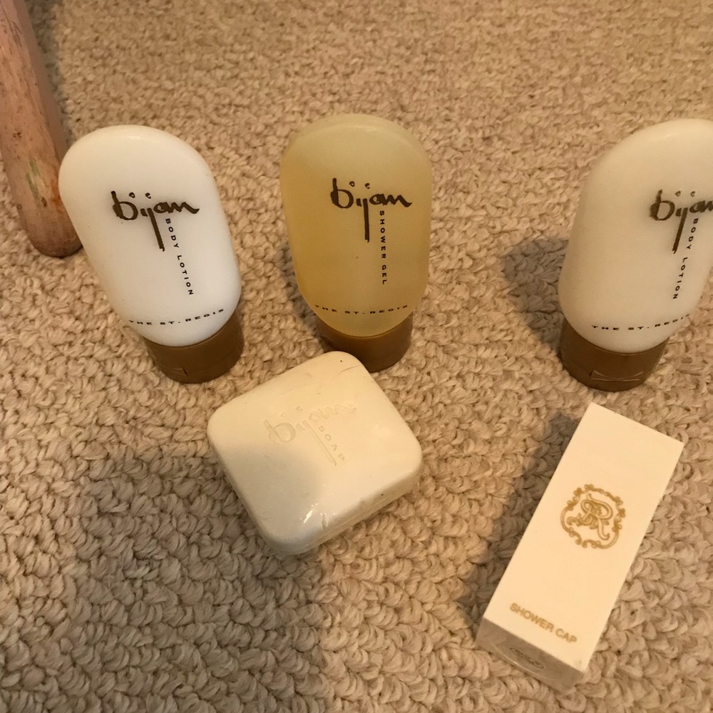 Bijan travel size body gel, soap, body lotion (2) and shower cap from St. Regis